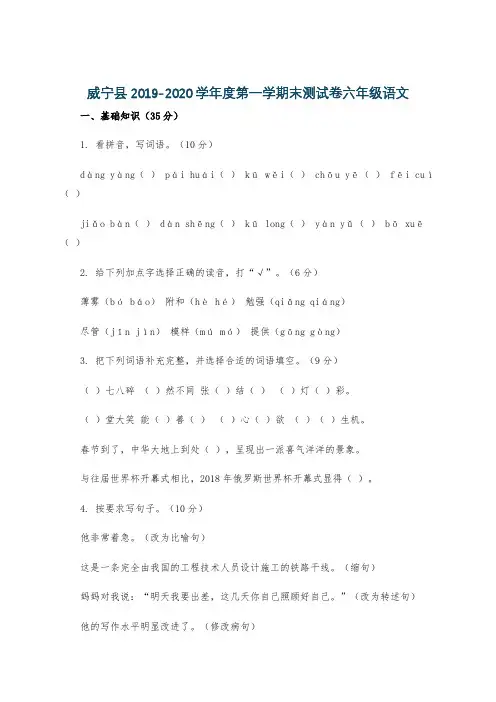 威宁县2019-2020学年度第一学期末测试卷六年级语文