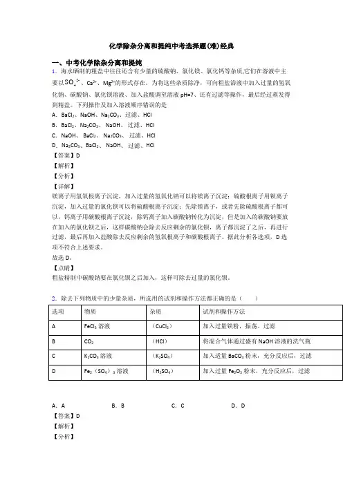 化学除杂分离和提纯中考选择题(难)经典
