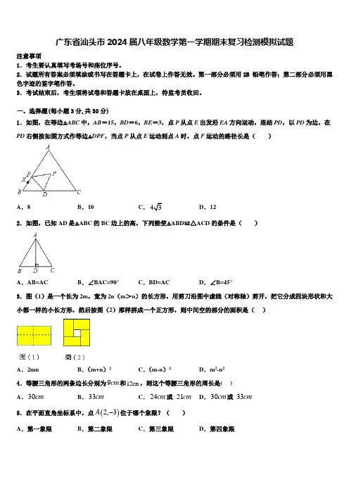 广东省汕头市2024届八年级数学第一学期期末复习检测模拟试题含解析