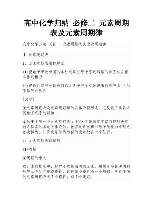 高中化学归纳 必修二 元素周期表及元素周期律