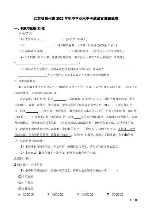 江苏省徐州市2023年初中学业水平考试语文真题试卷(已上传)