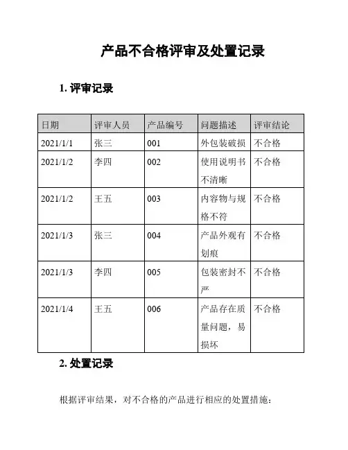 产品不合格评审及处置记录