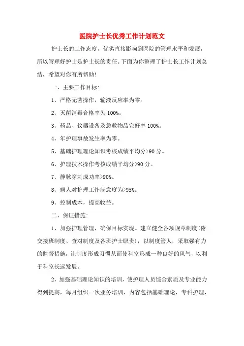 2019年医院护士长优秀工作计划范文