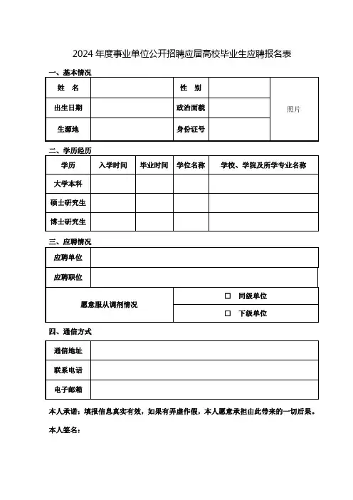 2024年度事业单位公开招聘应届高校毕业生应聘报名表
