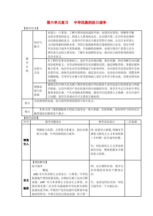 2017八年级历史上册 第六单元 中华民族的抗日战争复习教案 新人教版
