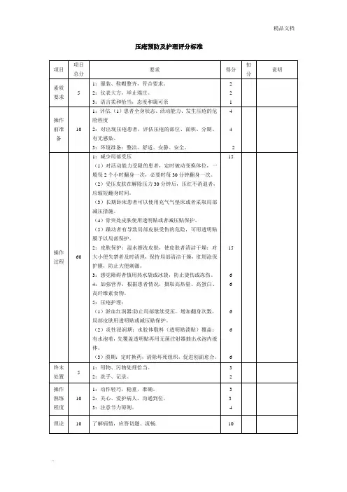 压疮预防及护理评分标准