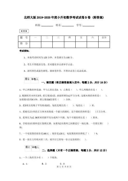 北师大版2019-2020年度小升初数学考试试卷B卷 (附答案)