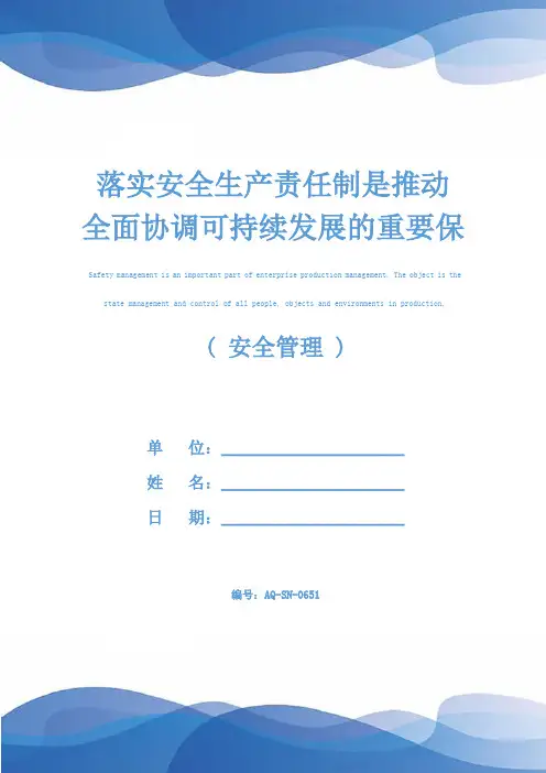 落实安全生产责任制是推动 全面协调可持续发展的重要保证(新编版)
