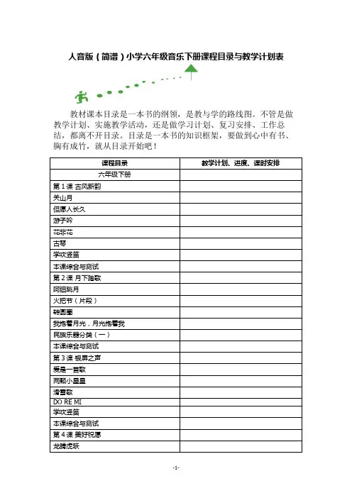 人音版(简谱)小学六年级音乐下册课程目录与教学计划表