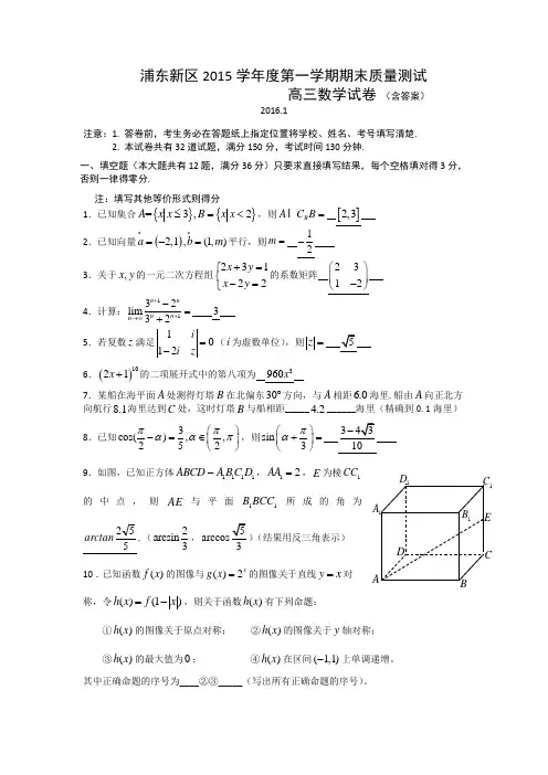上海市浦东新区2016届高三上学期期末质量测试数学试题Word版含答案