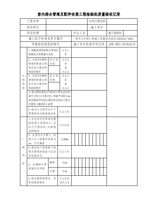 室内排水管道及配件安装工程检验批质量验收记录