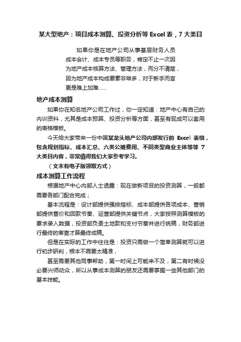 某大型地产：项目成本测算、投资分析等Excel表，7大类目