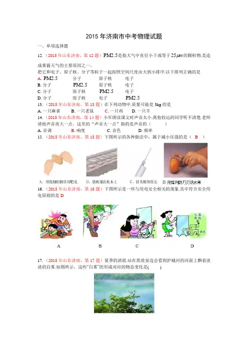 2015年济南市中考物理试题(Word版有答案)[1]