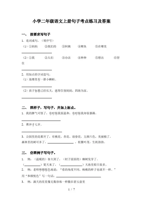 小学二年级语文上册句子考点练习及答案