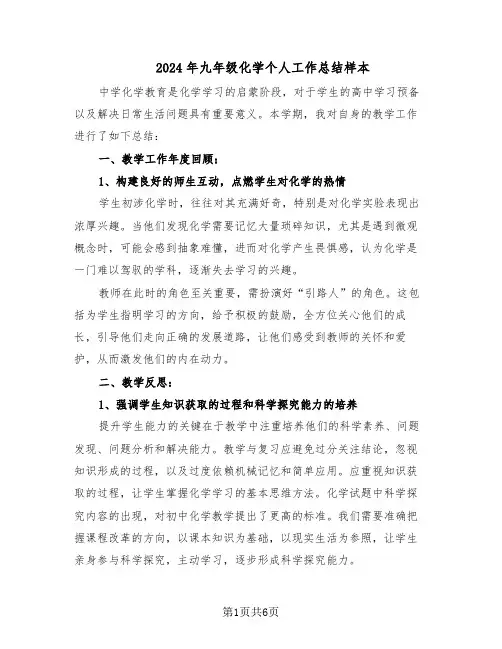 2024年九年级化学个人工作总结样本(四篇)
