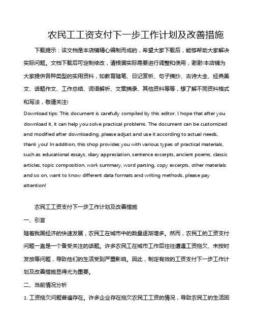 农民工工资支付下一步工作计划及改善措施