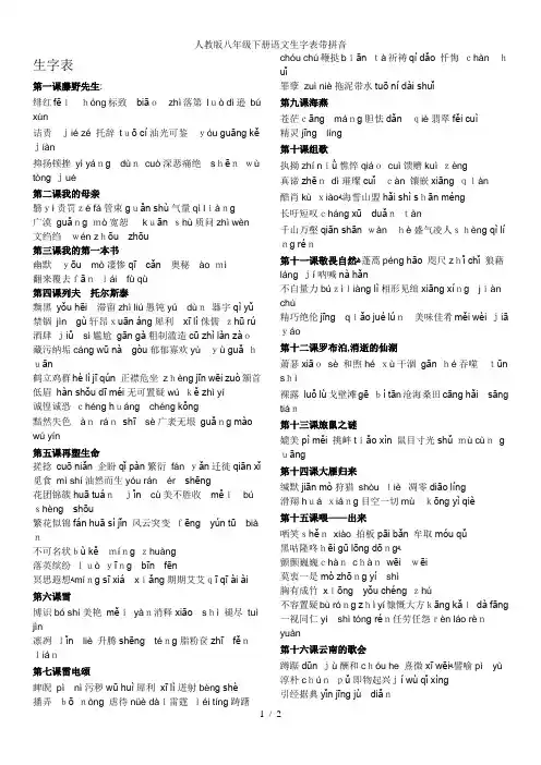 人教版八年级下册语文生字表带拼音