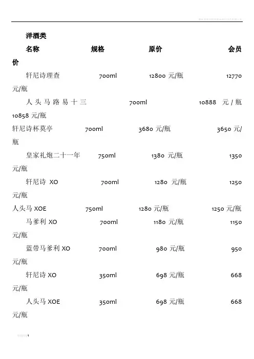 酒水报价单
