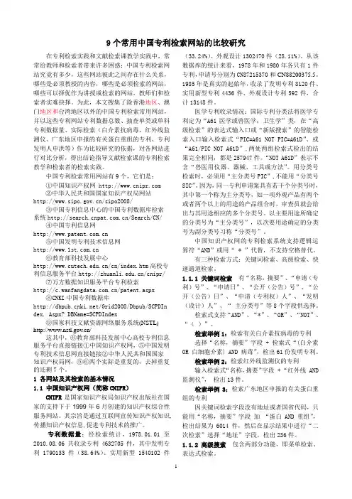 9个常用中国专利文献网站的检索比较与分析