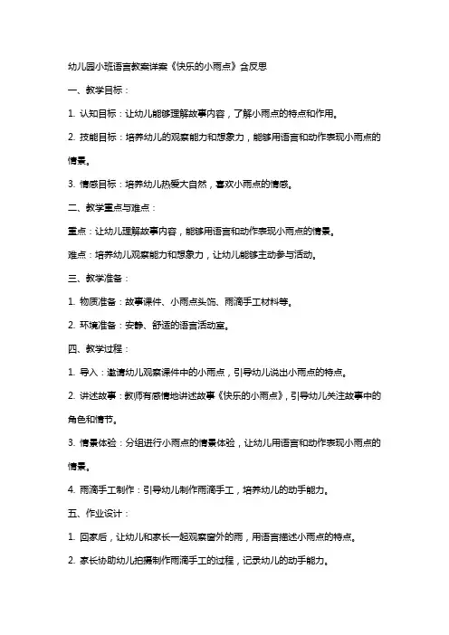 幼儿园小班语言教案详案《快乐的小雨点》含反思