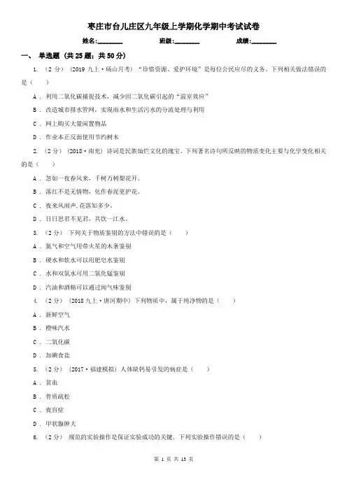 枣庄市台儿庄区九年级上学期化学期中考试试卷