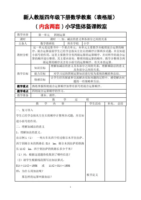 2018最新人教版四年级下册数学表格式教案