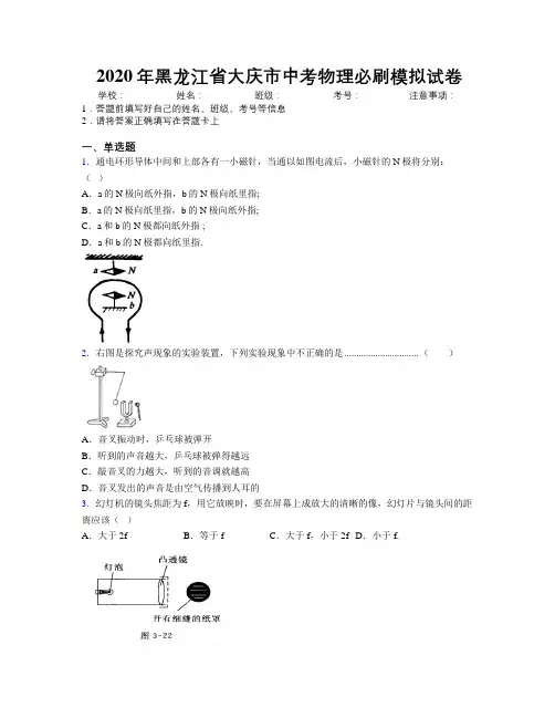 2020年黑龙江省大庆市中考物理必刷模拟试卷附解析