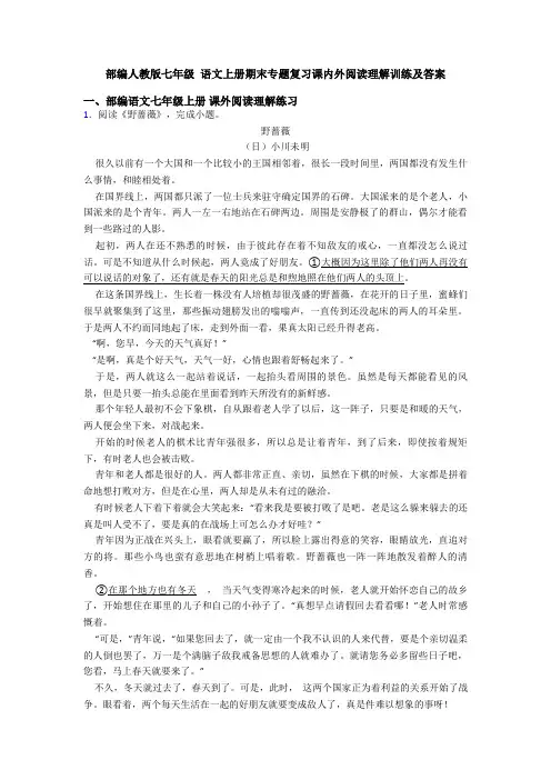 部编人教版七年级 语文上册期末专题复习课内外阅读理解训练及答案
