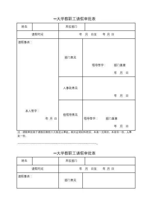 XX大学教职工请假审批表【模板】