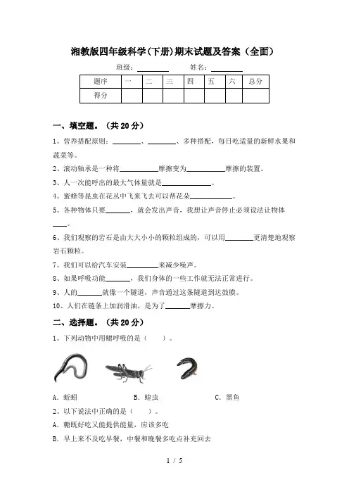 湘教版四年级科学(下册)期末试题及答案(全面)