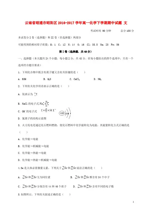 云南省昭通市昭阳区高一化学下学期期中试题 文