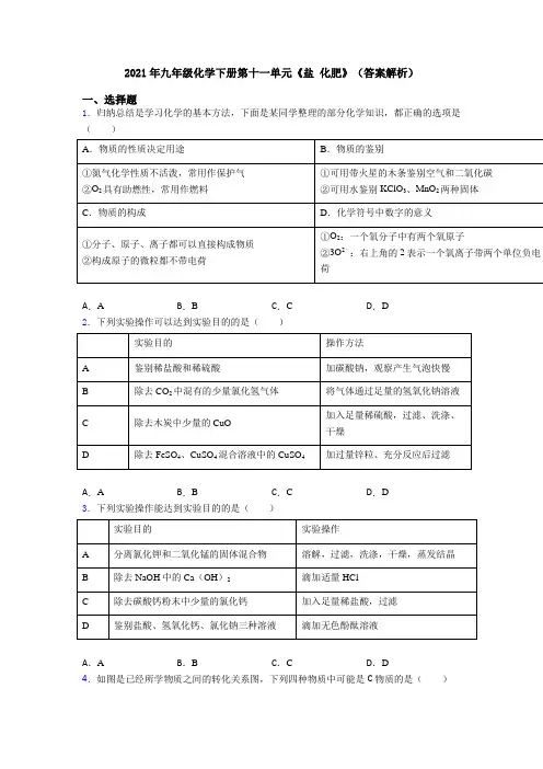2021年九年级化学下册第十一单元《盐 化肥》(答案解析)