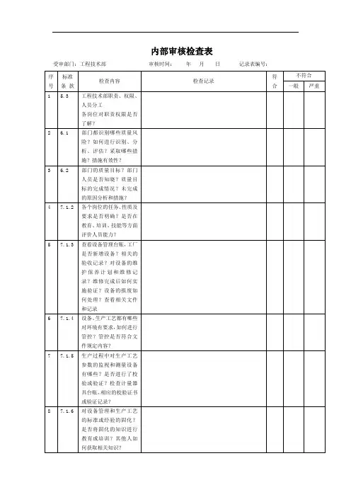 工程技术部内部审核检查表