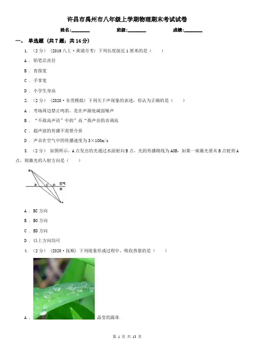 许昌市禹州市八年级上学期物理期末考试试卷