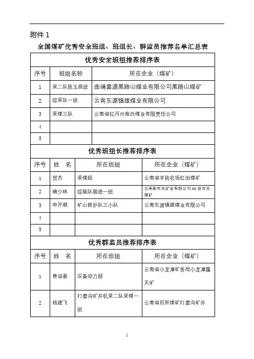 全国煤矿优秀安全班组、班组长、群监员推荐名单汇总表【模板】