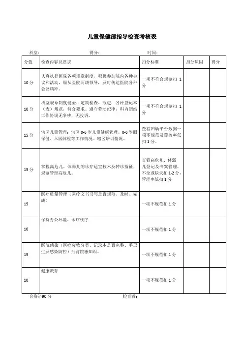 儿童保健部半年指导检查考核表