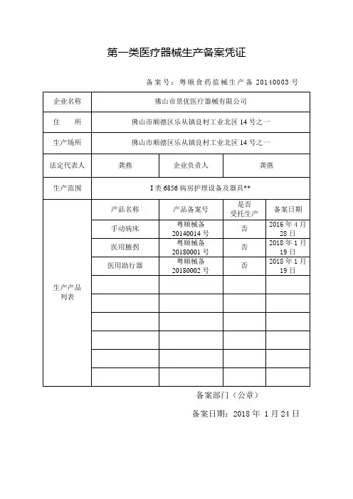 第一类医疗器械生产备案凭证