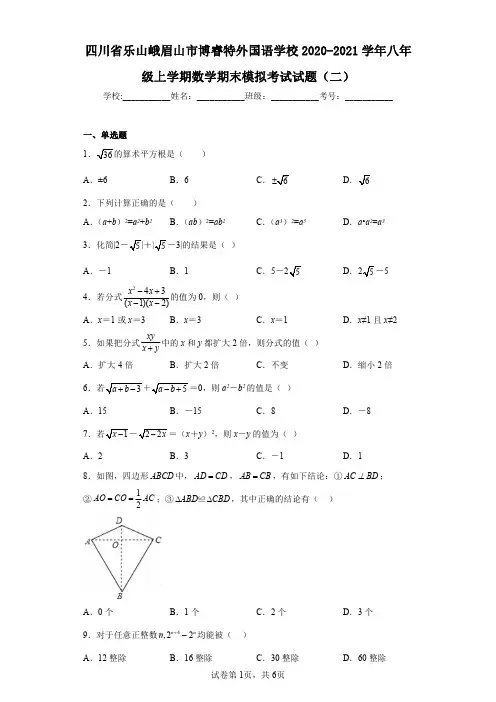 四川省乐山峨眉山市博睿特外国语学校2020-2021学年八年级上学期数学期末模拟考试试题(二)