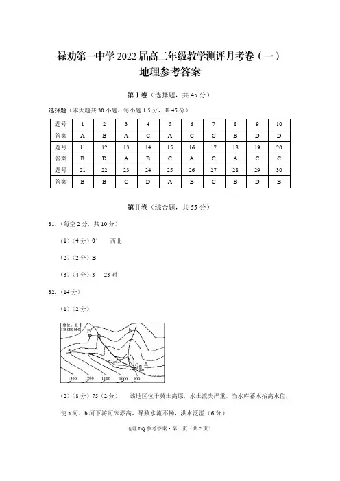 云南省禄劝一中2020-2021学年高二上学期教学测评月考卷(一)地理试卷答案