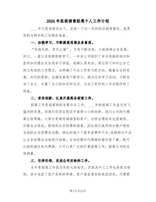 2024年医药销售经理个人工作计划（5篇）