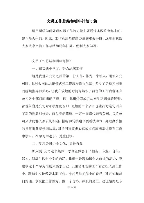文员工作总结和明年计划5篇