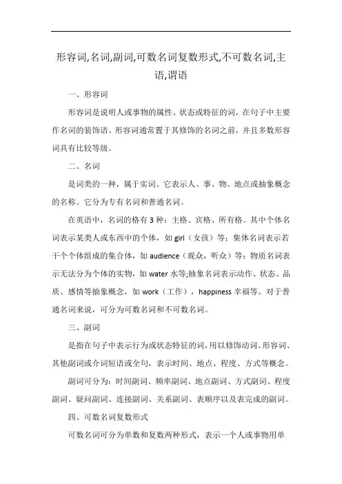 形容词,名词,副词,可数名词复数形式,不可数名词,主语,谓语