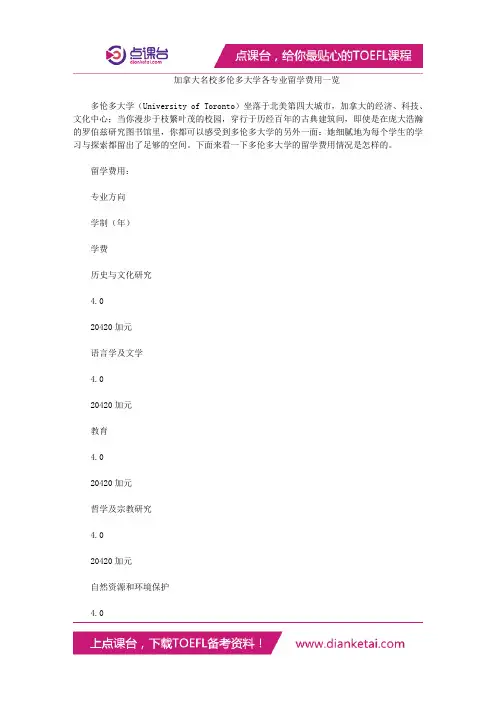 加拿大名校多伦多大学各专业留学费用一览