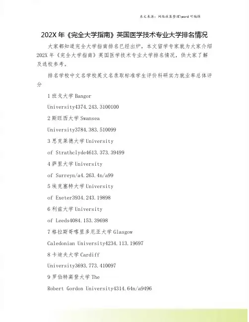 202X年《完全大学指南》英国医学技术专业大学排名情况.doc