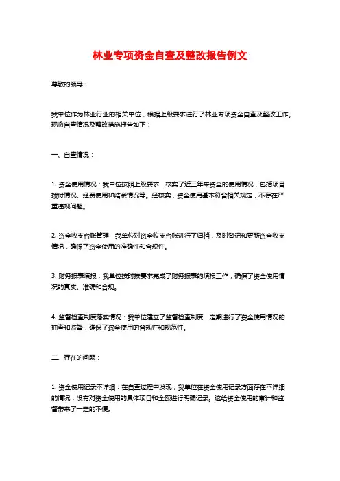 林业专项资金自查及整改报告例文