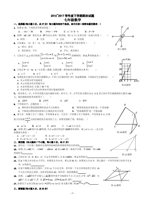 2016-2017七年级下册数学期末试题