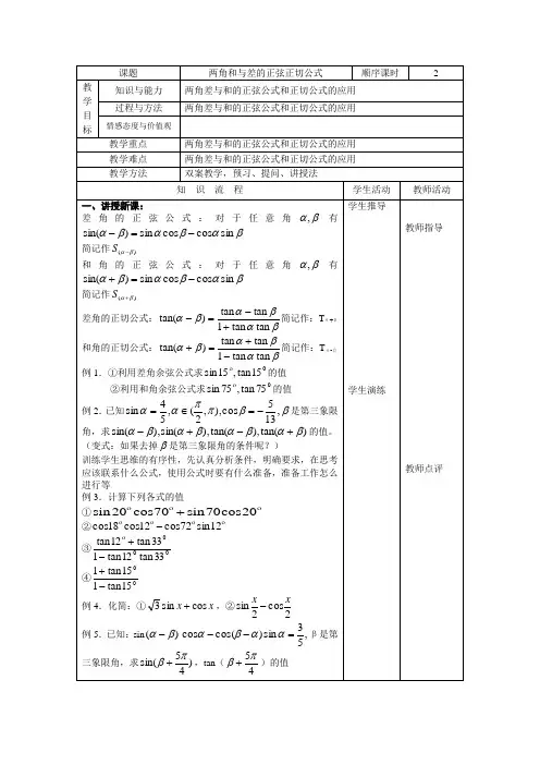 必修4教案3.1.2两角和与差的正弦正切公式