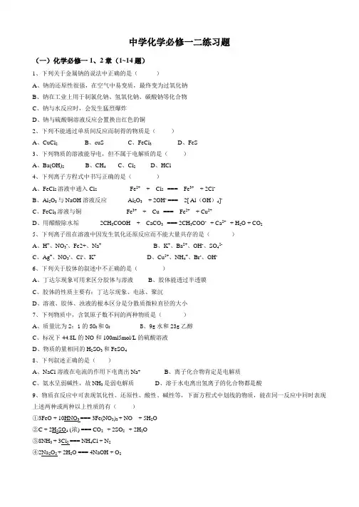 高一必修1化学期末考试必会100题