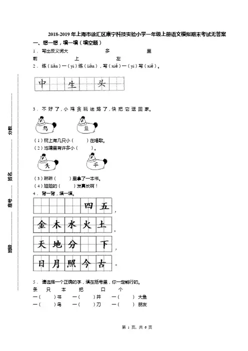 2018-2019年上海市徐汇区康宁科技实验小学一年级上册语文模拟期末考试无答案