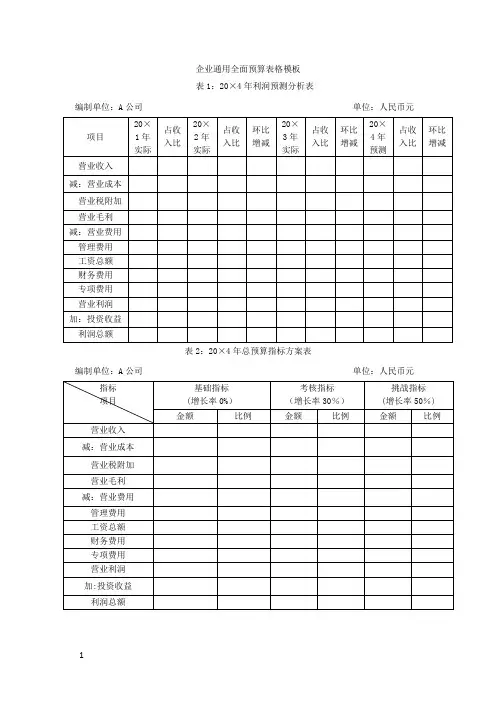 企业通用全面预算表格模板